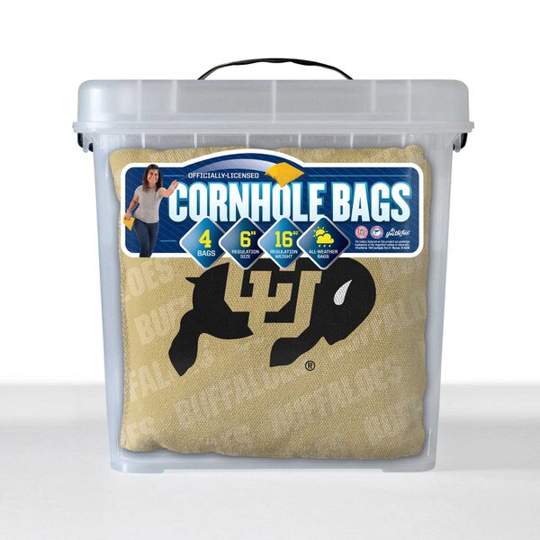 CU Buffaloes cornhole bags packed in a clear plastic container with a labeled lid showing regulation size and weight details